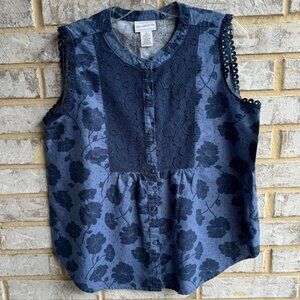 Liz Claiborne Linen Blend Sleeveless Floral Lace Trim Tank Top Women's Size S.